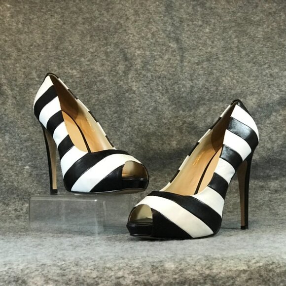 Sasha New York Leather Black and White Stripes Heel Peep Toe Shoes - Picture 4 of 12